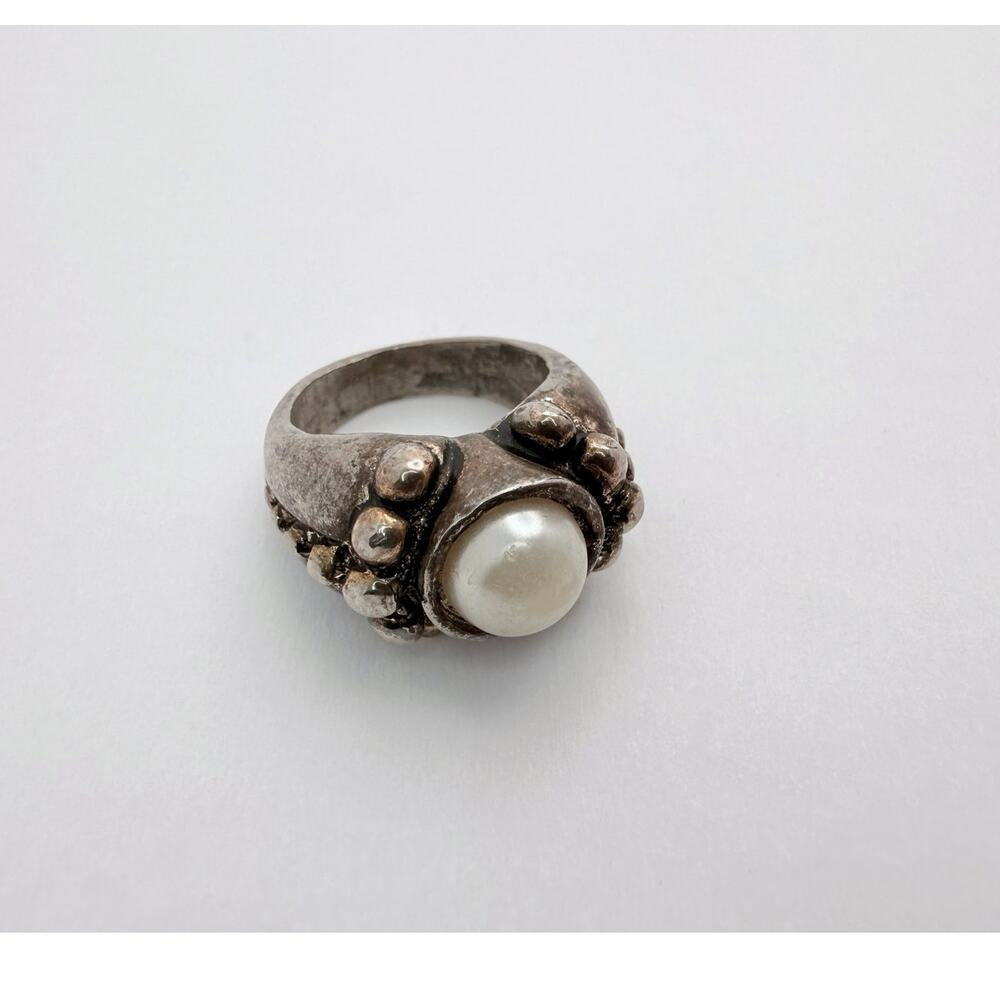 Vintage 60s Brutalist Sculptural Studio Ring Pewter & Faux Pearl